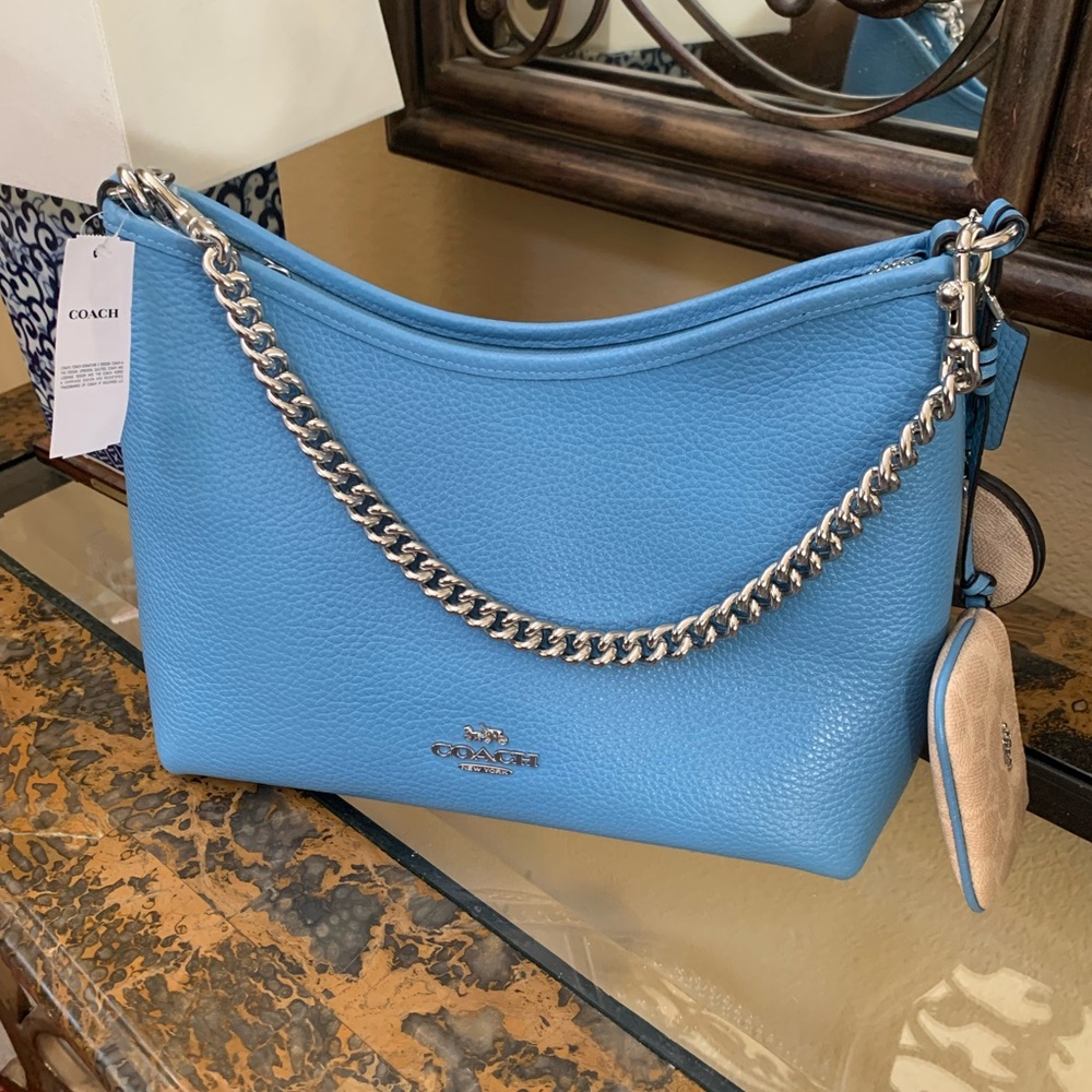 Coach Sky Blue Leather Laurel Shoulder Bag With Mirror&Pouch Charm